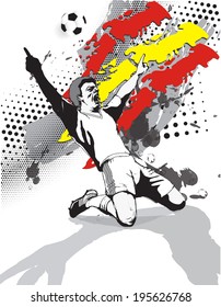 in the grunge style image of the flag and the victory of the football player on the football field of Spain.vector illustration