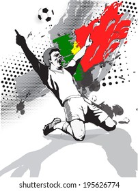 in the grunge style image of the flag and the victory of the football player on the football field of Portugal.vector illustration