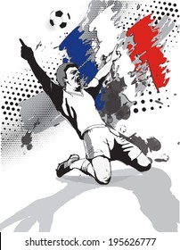 in the grunge style image of the flag and the victory of the football player on the football field of France.vector illustration