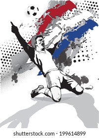 grunge style image of the flag and the victory of the football player on the football field of Netherland.vector illustration