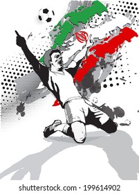  grunge style image of the flag and the victory of the football player on the football field of Iran.vector illustration 