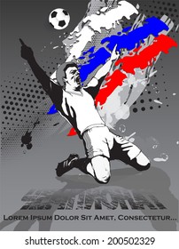 grunge style image of the flag and the victory of the football player on the football field of Russia.vector illustration