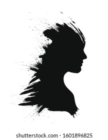 Grunge style inking girl graphic art, brush strokes black art.