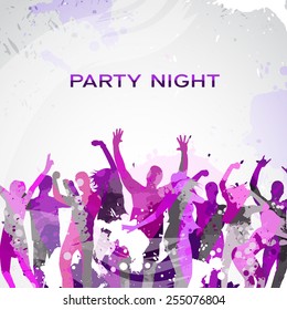 Grunge style joyful background with silhouettes of dancing people  - Vector