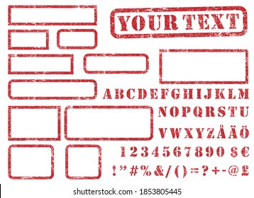 Grunge style letters and numbers red rubber stamp set. Frame border sign symbol collection. Vector illustration image. Isolated on white background.