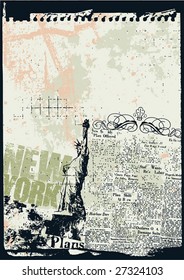Grunge style news print layout of new york's statue of liberty tower