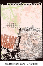 Grunge style news print layout of new york's statue of liberty tower