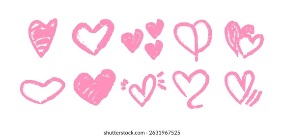 Grunge style pink hearts in scribble and ink marker style. A set of hand-drawn heart icons with a raw, expressive feel.