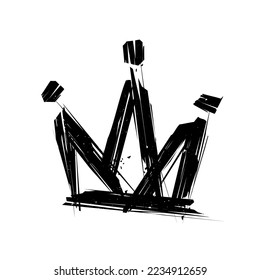 Grunge style Rock'n'Roll black Crown isolated on white. Doodle style Crown sign. Street art grunge element. Printable vector template for print fabric and textile
