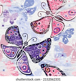 El estilo de Grunge es impecable, con mariposas coloridas. Vector eps 10