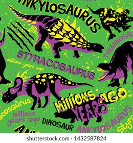 Grunge style seamless pattern with dino on a green background. Background  for t shirts, paper, textiles and fabric. Cute dino.