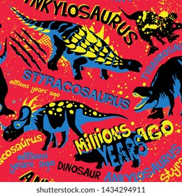 Estilo unge sin fisuras con dino sobre fondo rojo. Antecedentes de pantalones, papel, textiles y tela.Cachorro.