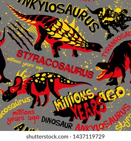 Grunge style seamless pattern with dino on red background. Background  for t shirts, paper, textiles and fabric. Cute dino.
