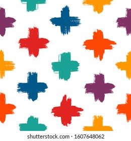 Grunge style seamless pattern. Repeated crosses motif. Modern minimal geometric surface print. Freehand brush design texture. Handdrawn doodle contemporary ornament. Vector abstract background