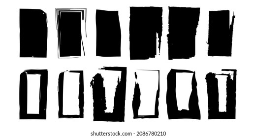Grunge style set of rectangle shapes. Black brush rectangles in retro style on white background. Vector illustration. 