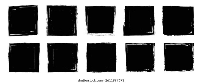 Grunge style set of square shapes. Vector brush stroke background.