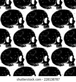 Grunge style side-face skull seamless pattern, vector black isolated background