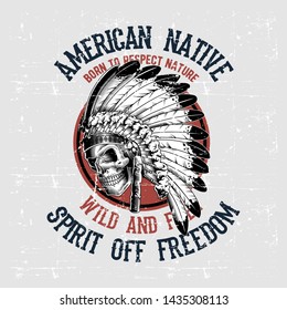 grunge style skull american native hand drawing vector