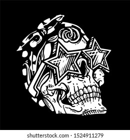 grunge style skull head wearing glasses,.vector hand drawing,Shirt designs, biker, disk jockey, gentleman, barber and many others.isolated and easy to edit. Vector Illustration
