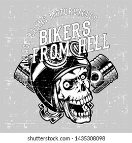 grunge style skull wearing helmet retro and piston hand drawing vector