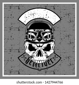 grunge style skull wearing retro helmet-vector