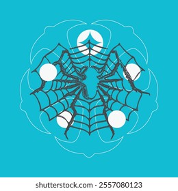 Grunge Style Spider Web with Tribal Style Star and Circle Symbol on Blue Backdrop, Hip Hop Styled Illustration