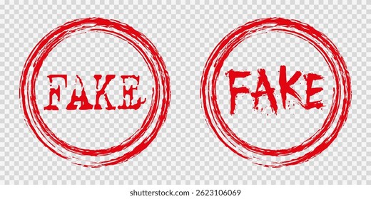 Grunge style stamp with the word Fake in red. Fake stamp design on a transparent background. Grunge style texture. Flat design. Vector illustration EPS10