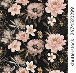 Grunge Style, Stylish Gothic Wild Artdeco Botanical Flower set, Floral Seamless Pattern, Vector Hand Drawn Art, Suitable fır Printing on Surface, Textile Surface 