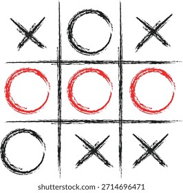Grunge estilo tic tac toe tablero de juego con círculos rojos y cruces negras listo para un ganador