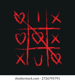El estilo grunge del tic tac toe board ilustra una victoria decisiva para el jugador de corazones marcado con líneas rojas ásperas que simbolizan una victoria romántica o una declaración apasionada.