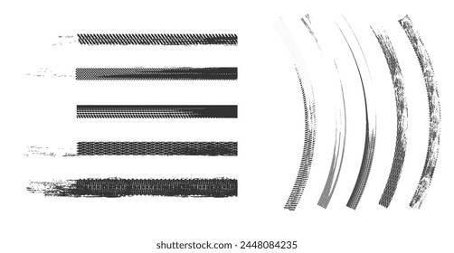 Grunge Style Tire Tracks: Distinctive Impressions of Tire Marks, Ideal for Overlay Effects, Banners, and Graphic Designs	