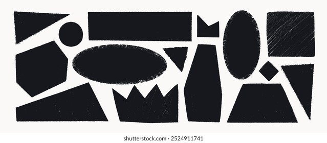 Grunge style various figures with ripped border. Simple shapes with rough torn edges. Black vector collage torn paper piece or vintage paint stain silhouette. Vector illustration
