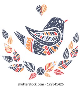 Grunge style vector bird with leaves