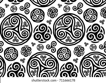 Grunge style vector hand drawn triskels seamless pattern