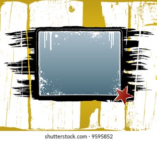 Grunge style vector illustration with a central board space for design elements, dirty aged brush strokes around it and wooden planks in the background. Highly detailed.