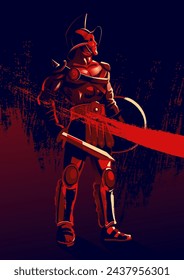 Grunge style vector illustration of a gladiator standing with sword and shield