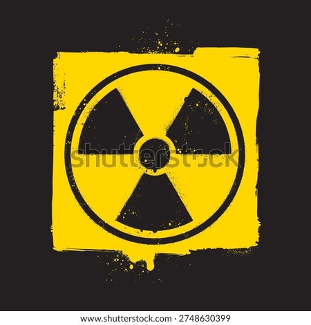 Grunge style vector illustration of radioactive hazard symbol in black on a yellow background. Radioactive stencil. Bold industrial design isolated on dark background.