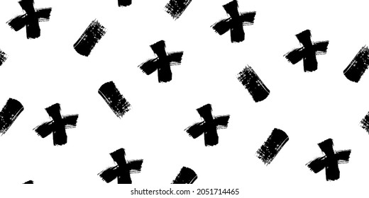 Grunge style vector seamless pattern with plus and minus ink drawn shapes. Different grunge elements background. Doodle illustration design.	