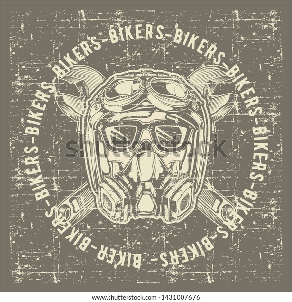 grunge style vintage skull skull bikers\
wearing helmet and wrench hand drawing\
vector