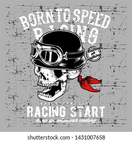 grunge style vintage skull wearing helmet retro hand drawing vector