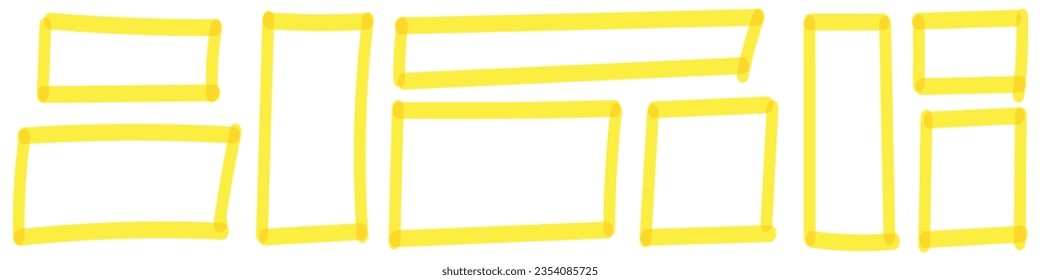 Grunge los marcos de caja amarillos y los rectángulos creados con líneas de pincel. Bordes cuadrados y efectos de sello, esbozados. Ilustración vectorial plana aislada en fondo blanco.
