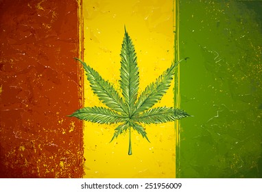 Grunge styled hand-drawn ganja leaf on rasta colored flag. Vector illustration.