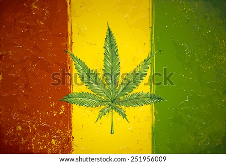 Grunge styled hand-drawn ganja leaf on rasta colored flag. Vector illustration.