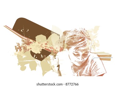 Grunge styled retro background with young woman's face and floral elements. Vector illustration.