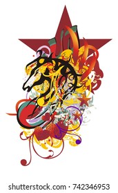 Grunge stylized horse head splashes. Ornate horse head with red hearts, colorful floral elements, linear patterns against the background of a huge dark red star