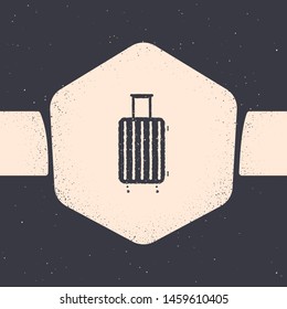 Grunge Suitcase for travel icon isolated on grey background. Traveling baggage sign. Travel luggage icon. Monochrome vintage drawing. Vector Illustration