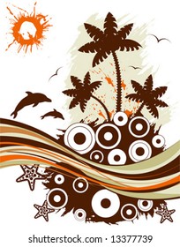 Grunge summer background with palm tree, dolphin, starfish, circle, wave pattern, vector illustration