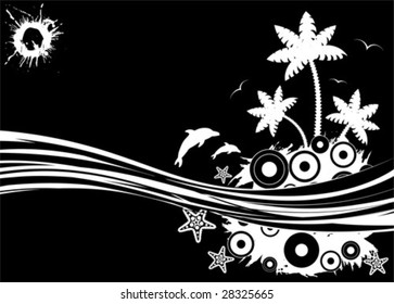 Grunge summer background with palm tree, dolphin, starfish, circle, wave pattern, vector illustration