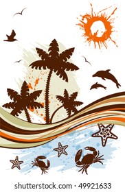 Grunge summer background with palm tree, dolphin, starfish, crab, wave pattern, vector illustration
