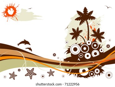 Grunge summer background with palm tree, dolphin, starfish, circle, wave pattern, vector illustration